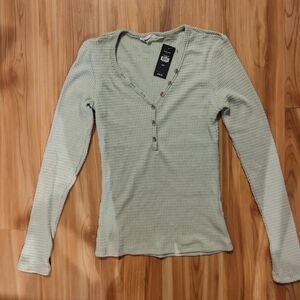 Women's Sage Green Waffle Henley Long Sleeve Top